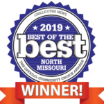 A blue and white circular badge with 2019 Best of the Best North Missouri in the center and Winner! in bold white letters on a red ribbon at the bottom.