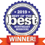 A blue and white circular badge reads 2019 Best of the Best Northeast Missouri with Winner! in bold white text on a red banner at the bottom.