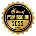 A gold and black circular badge reads Best of Northwest Missouri 2022 Winner with a small globe icon at the top.