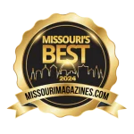 A gold award badge with Missouris Best 2024 and a city skyline in the center, along with missourimagazines.com on a ribbon at the bottom.