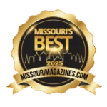 A gold and black badge with a city skyline reads “Missouri’s Best 2025” and features a ribbon below with the text “missourimagazines.com.”.